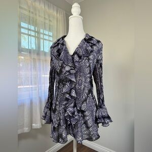 Vintage Y2K Scott Taylor Purple & Black Ruffled Bell Sleeve Button Down Blouse
